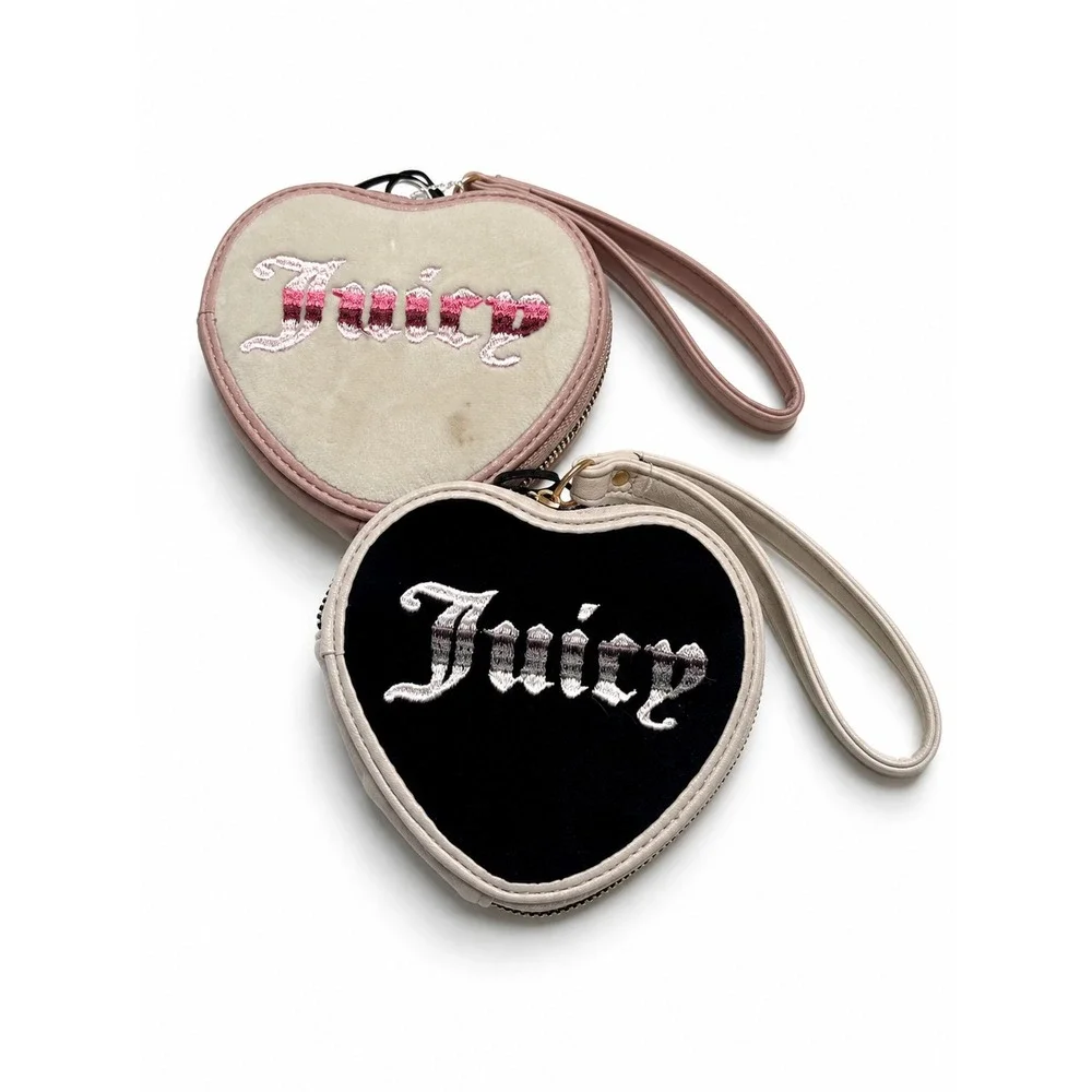 Juicy Couture Heart Wristlet Wallet Lot of 2 Velour Embroidered Black Pink NWT